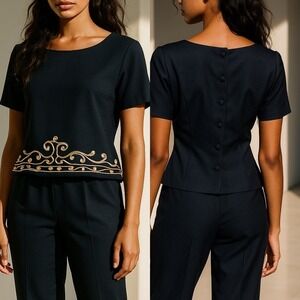 Halmode Petites Womens VTG 2 Piece Pant Set Size 8P Black Artsy Church Wedding‎